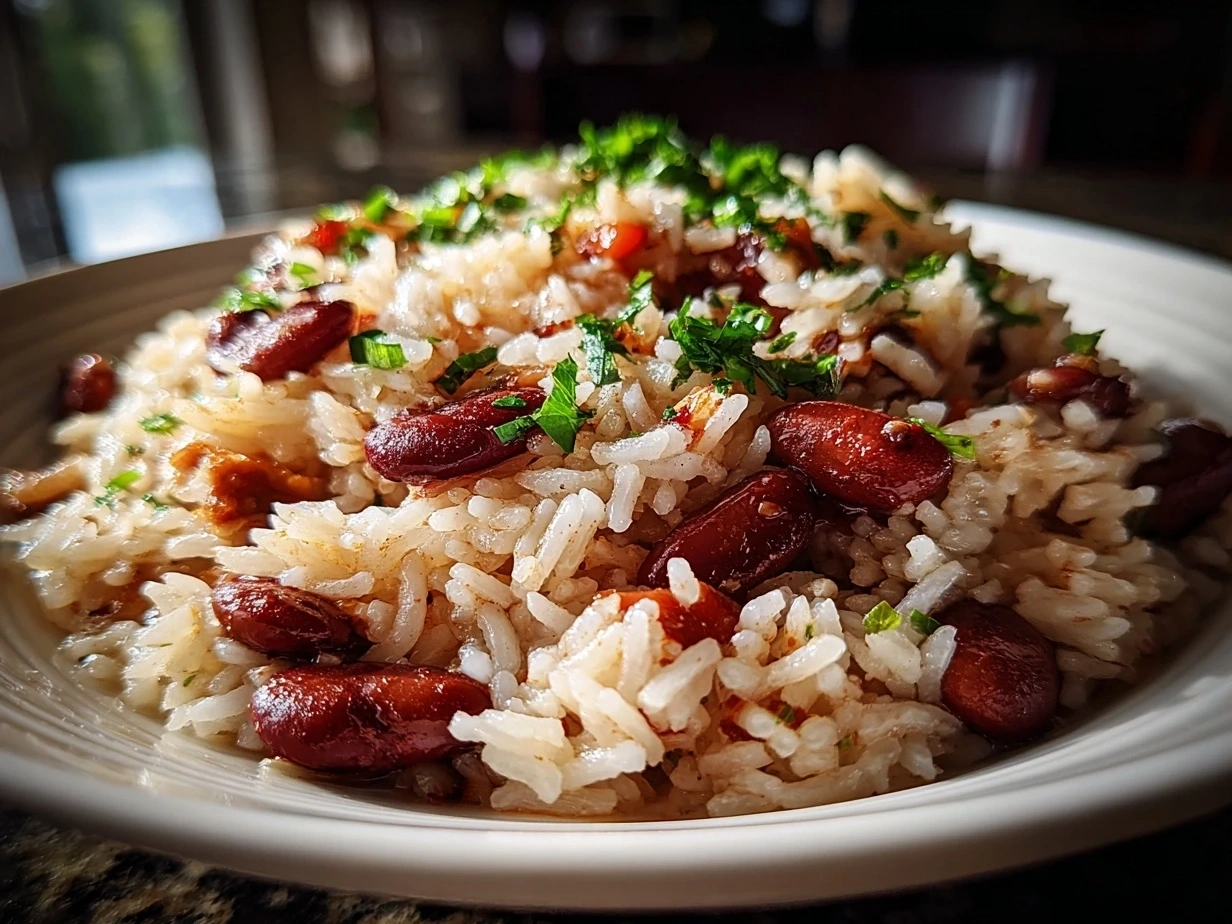 Delicious serving of homemade one-pot red beans and rice in a bowl ready to eat