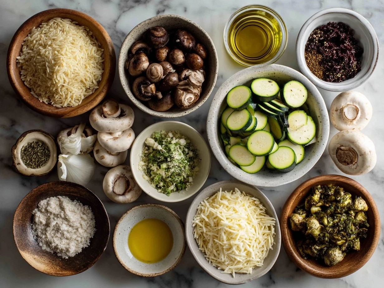 Ingredients for One-Pot Veggie Cream Orzo laid out and prepared