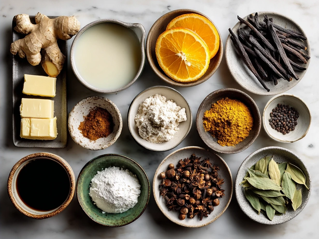 Ingredients for Orange Clove Cookies laid out on a kitchen counter