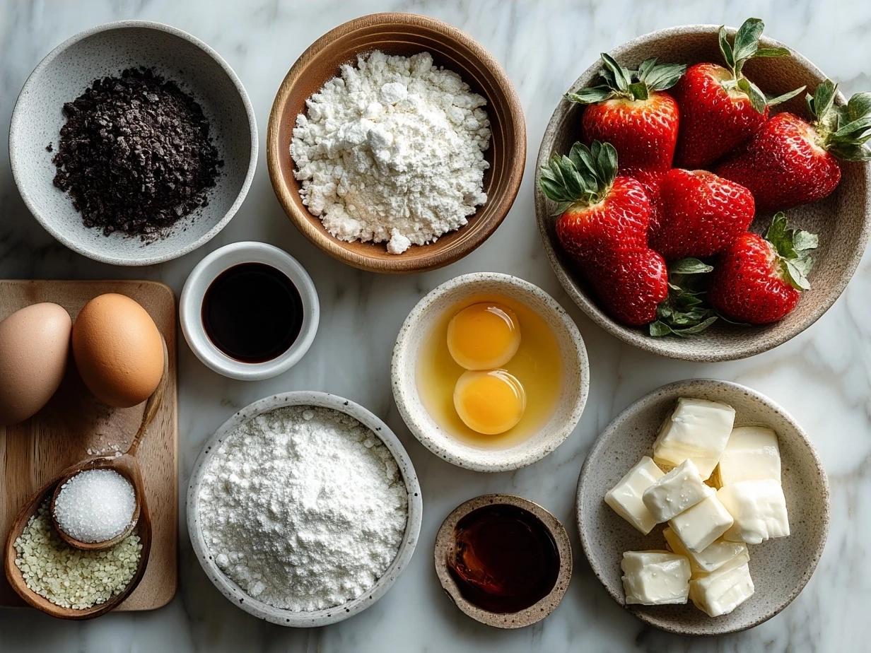 Ingredients for Oreo Truffle-Stuffed Strawberries including strawberries, cream cheese, Oreos, and chocolate chips