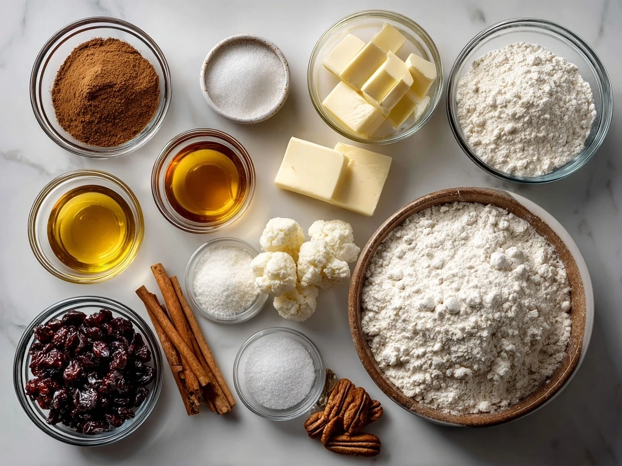 Arranged ingredients for Twisted Christmas Cookies, including butter, sugar, flour, eggs, vanilla, and red and green food coloring