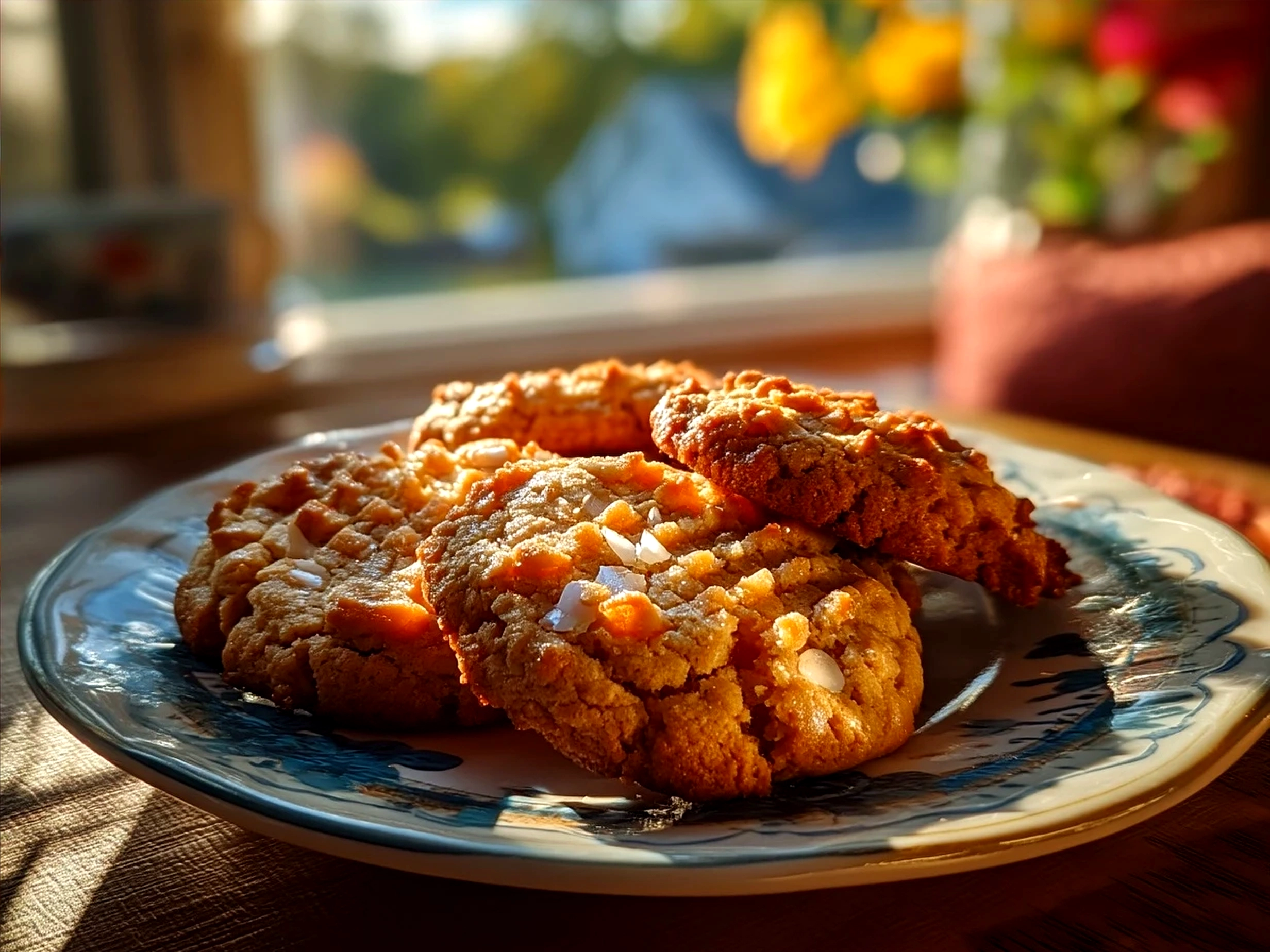 Freshly baked peanut butter cookies stacked on a vintage plate with a glass of milk