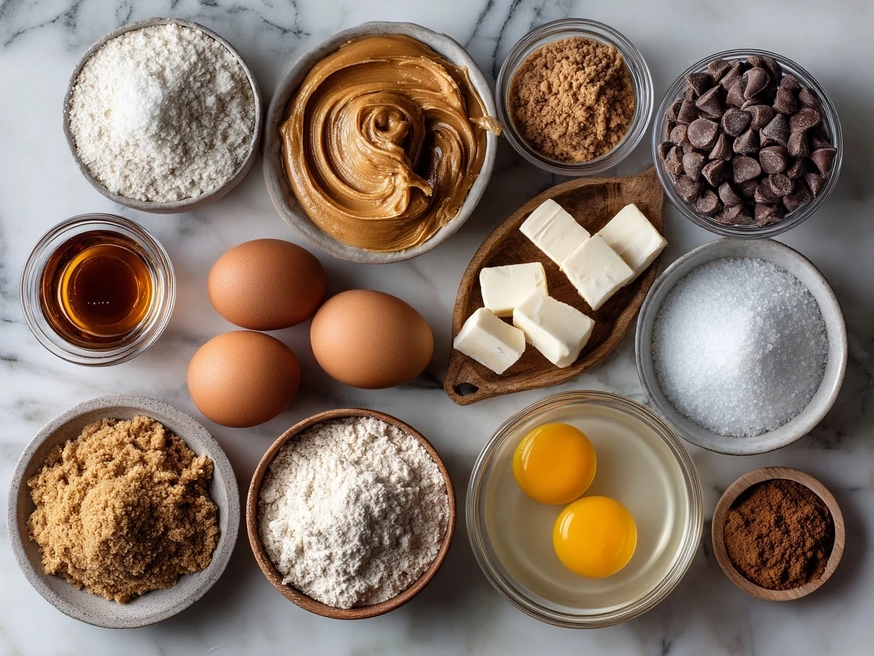 Ingredients for peanut butter cookies laid out on a kitchen counter