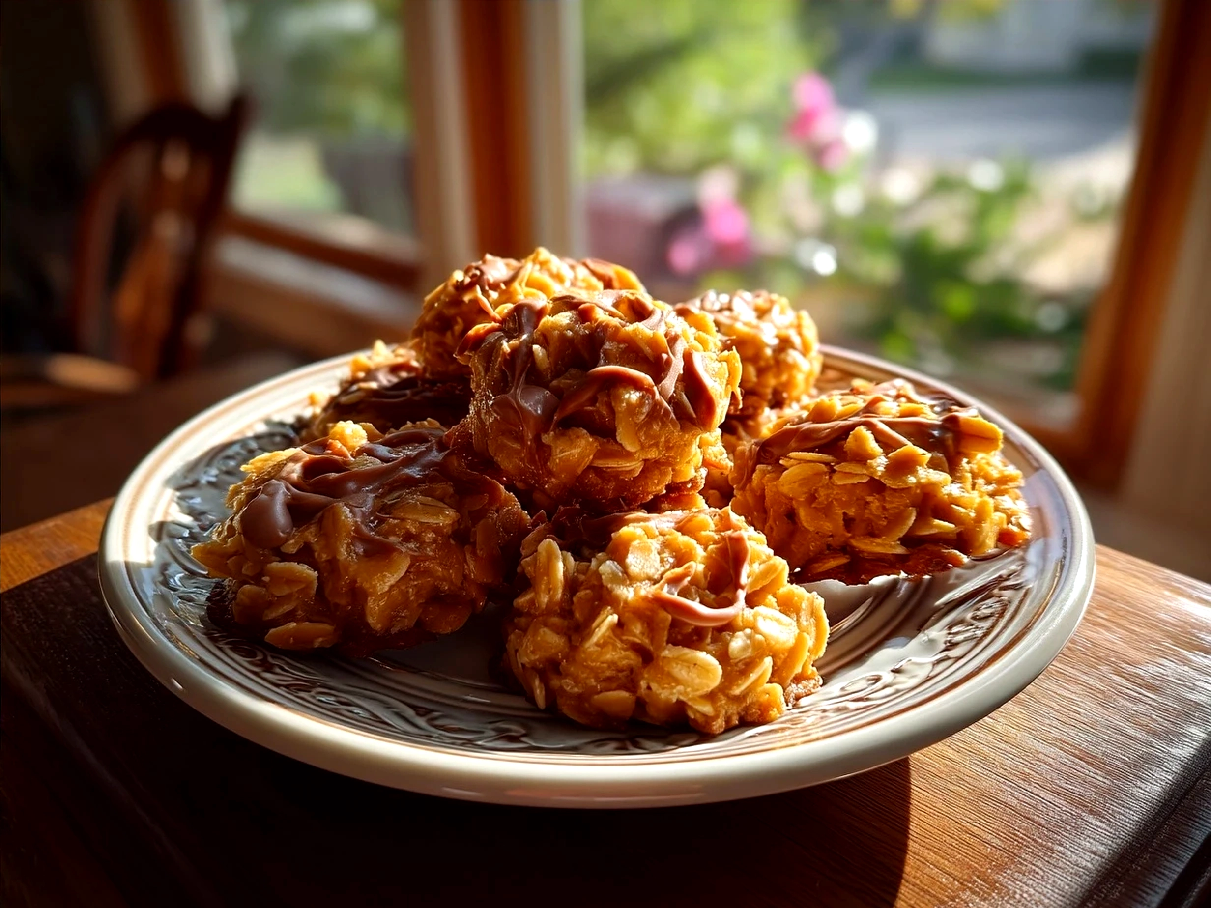 Plate of freshly made Peanut Butter No Bake Cookies served with a cold glass of milk