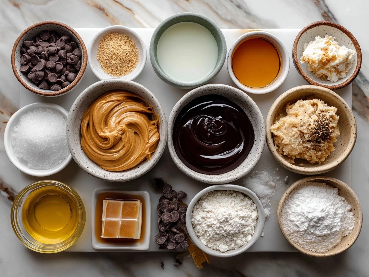 Ingredients for Peanut Butter No Bake Cookies including butter, sugar, cocoa powder, peanut butter, oats, and vanilla