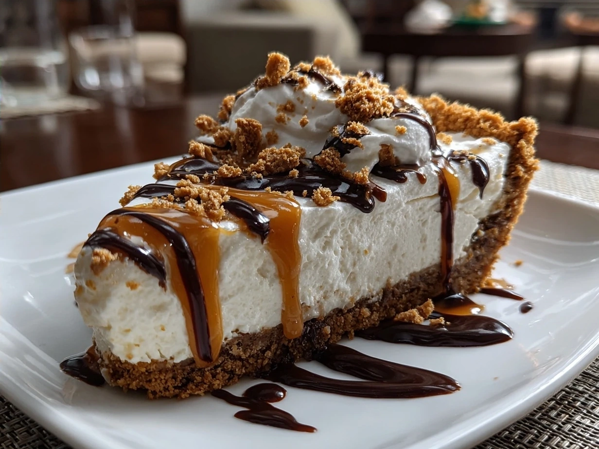 Slice of creamy peanut butter pie garnished with chocolate shavings and peanuts