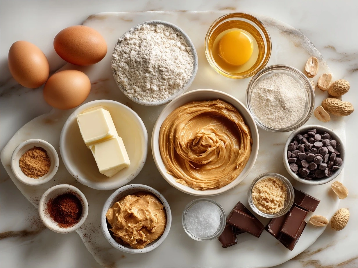 Ingredients for a creamy peanut butter pie including graham cracker crumbs, peanut butter, cream cheese, and whipped cream