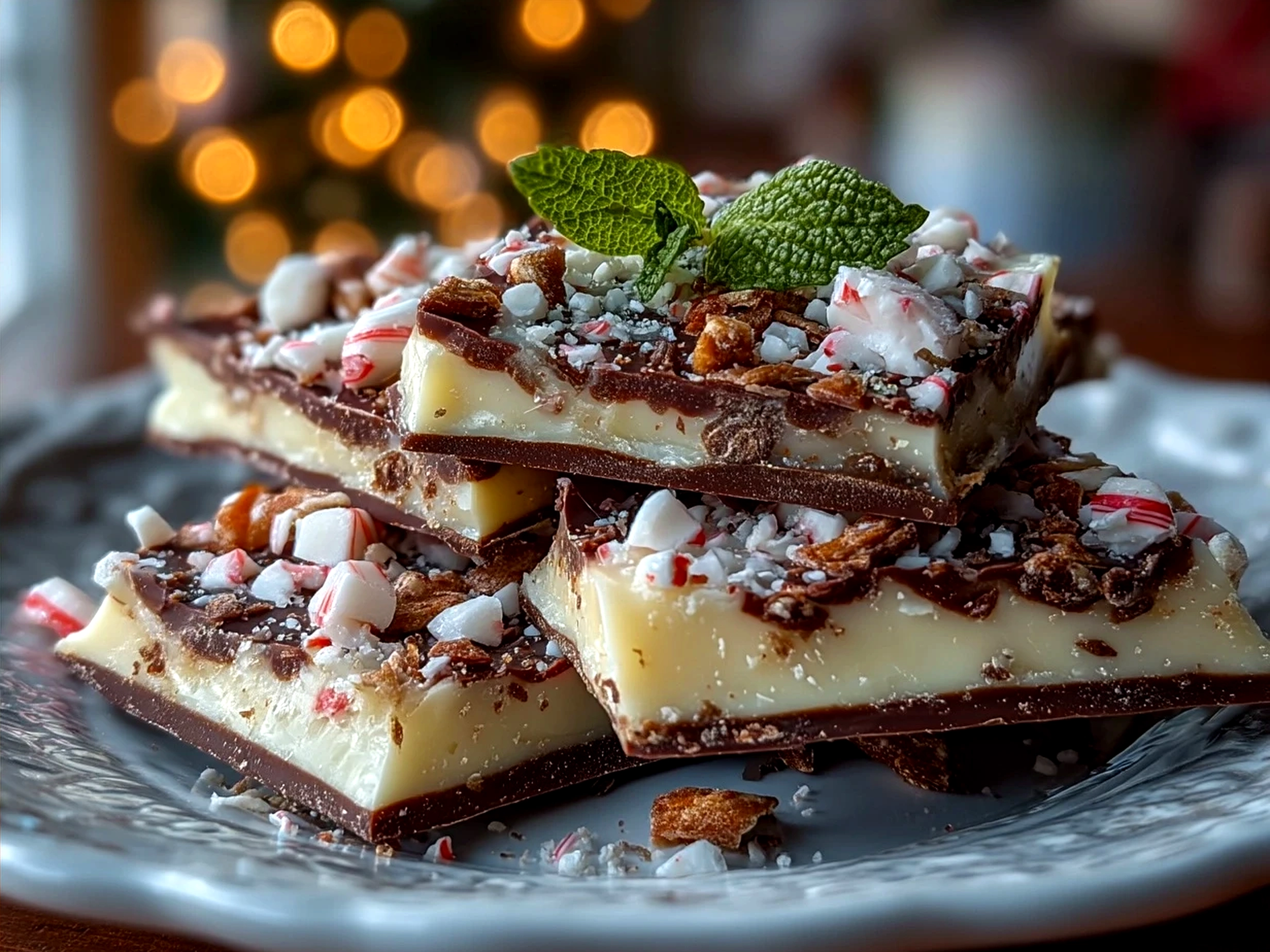 Pieces of homemade Peppermint Bark served in a festive bowl with holiday decorations
