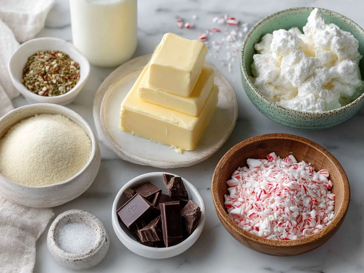 Ingredients for homemade Peppermint Bark including chocolate, white chocolate, candy canes, and peppermint extract