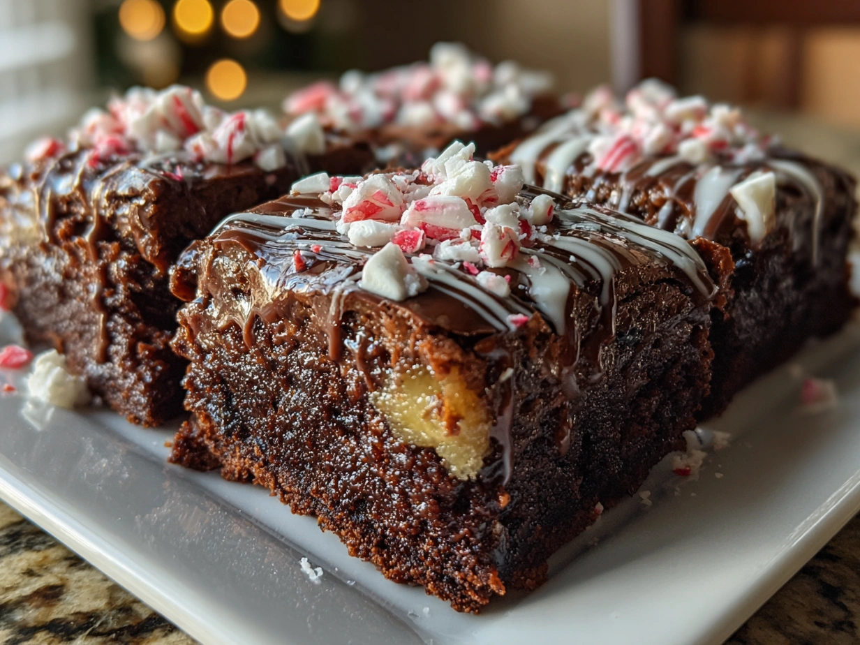 A plate of freshly cut Peppermint Bark Brownies with a rich chocolate and peppermint topping