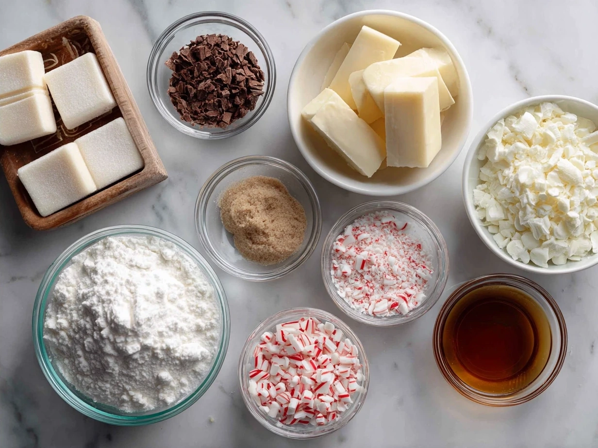 Key ingredients laid out for making Peppermint Bark Brownies including cocoa powder, butter, eggs, sugar, and peppermint candies