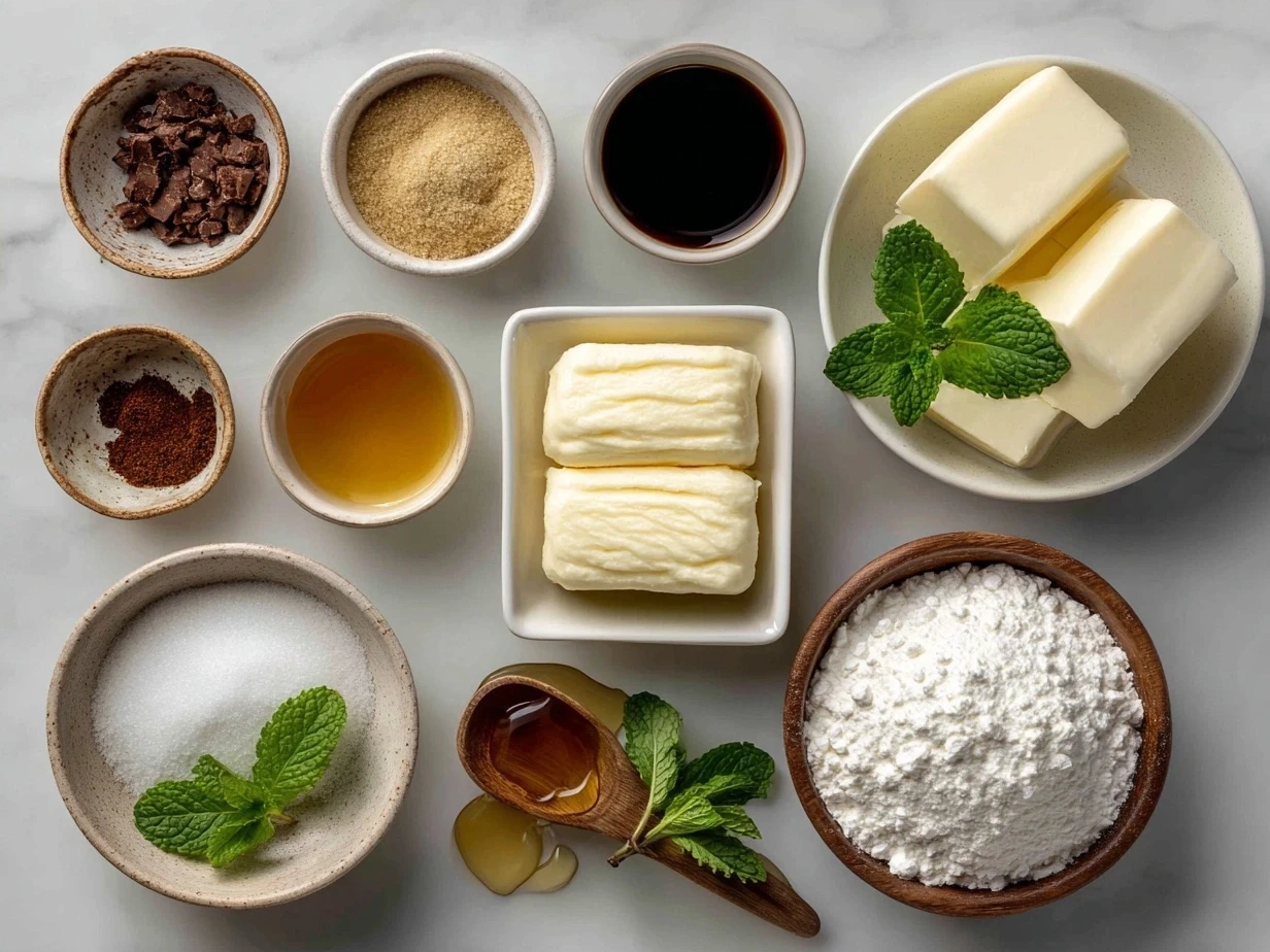 Ingredients for Peppermint Meltaway Cookies laid out on a kitchen counter including butter, powdered sugar, peppermint extract, flour, salt, and crushed peppermint candies