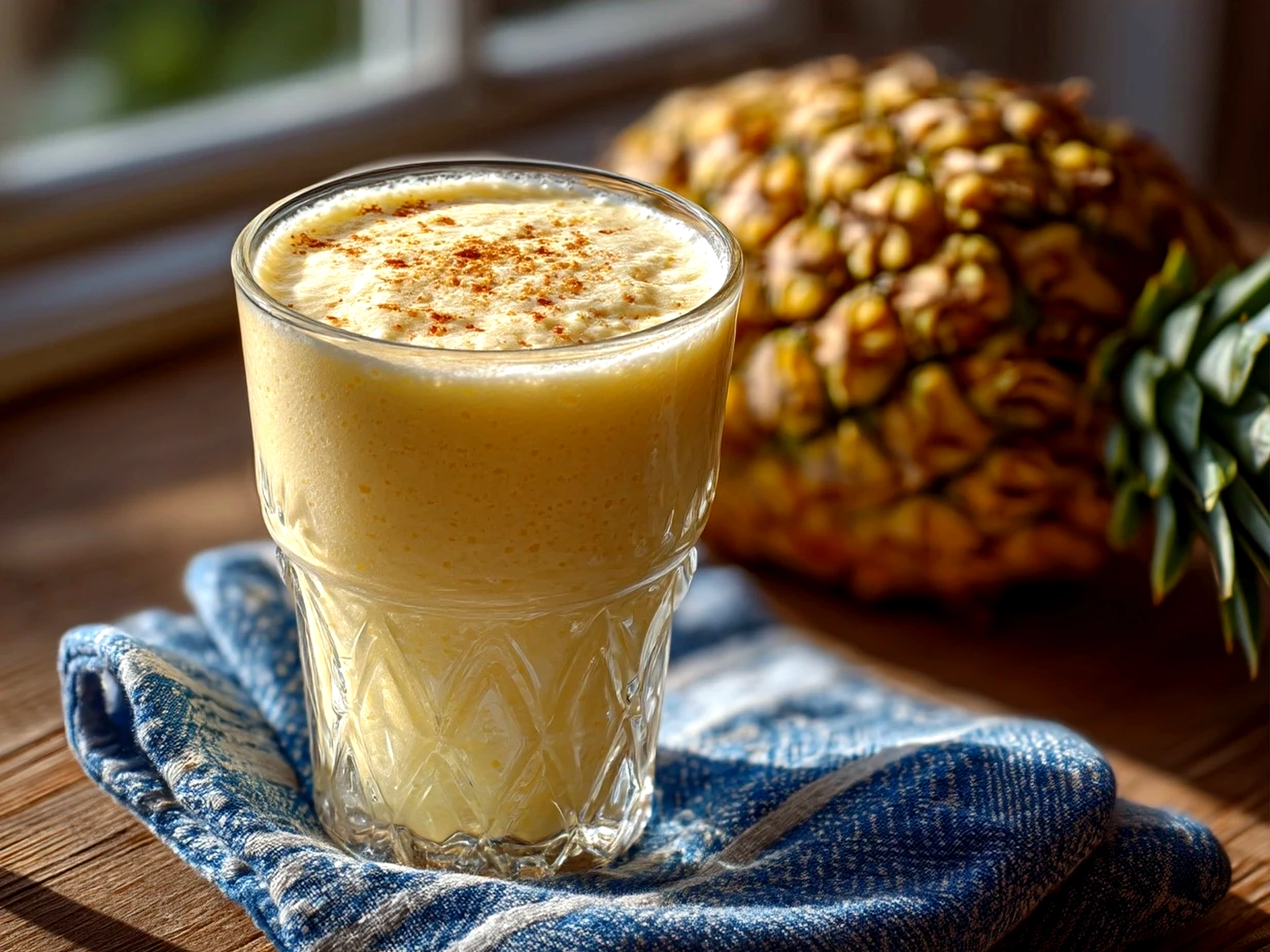 Glass of freshly made Pineapple Coconut Smoothie garnished with pineapple wedge