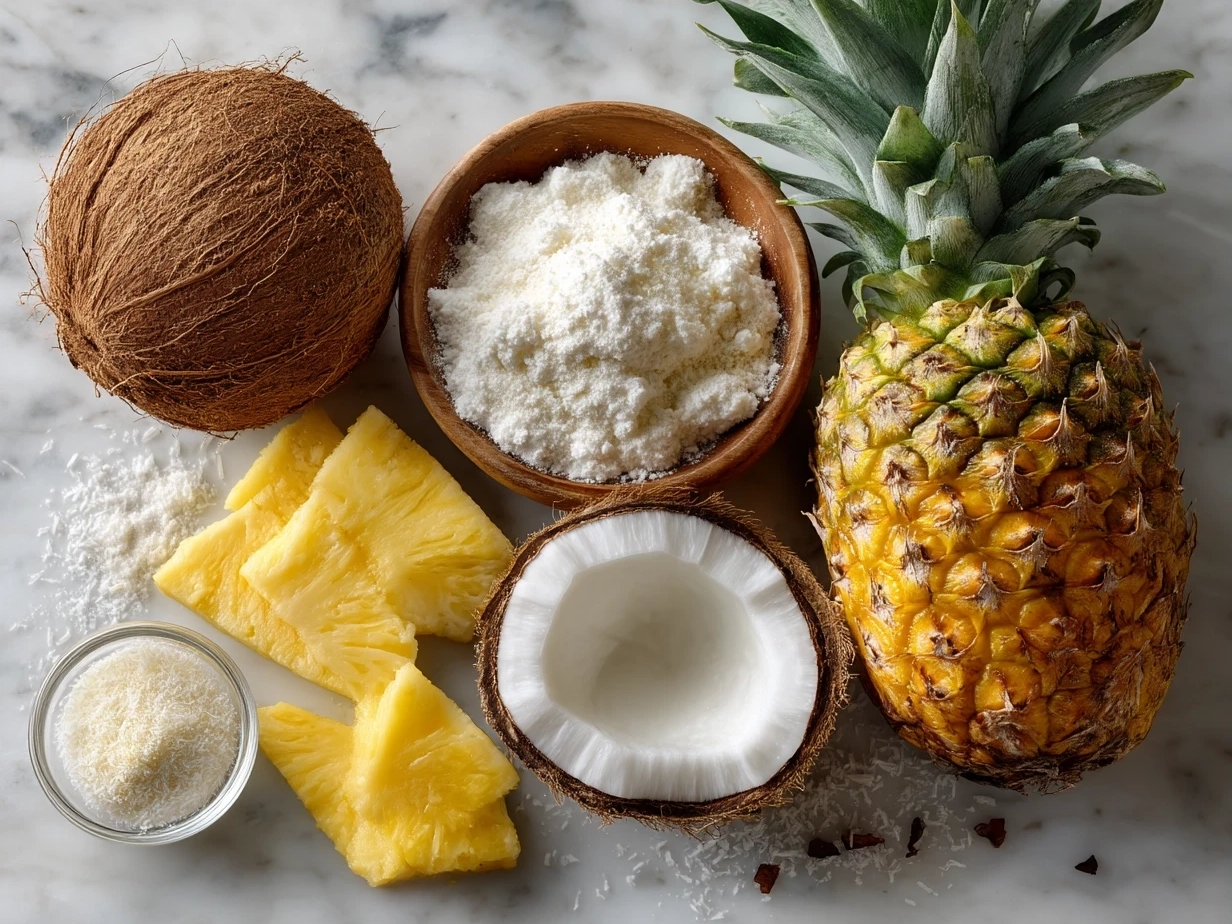 Ingredients for Pineapple Coconut Smoothie including fresh pineapple, banana, coconut milk, and yogurt