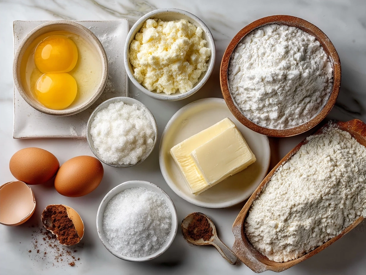 Ingredients for pound cake including butter, sugar, eggs, flour, milk, vanilla, and salt