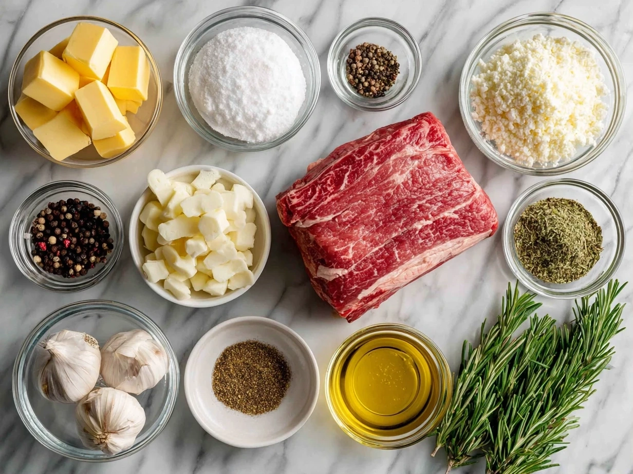 Ingredients for prime rib roast recipe including standing rib roast, olive oil, salt, pepper, garlic powder, onion powder, thyme, rosemary and beef broth.