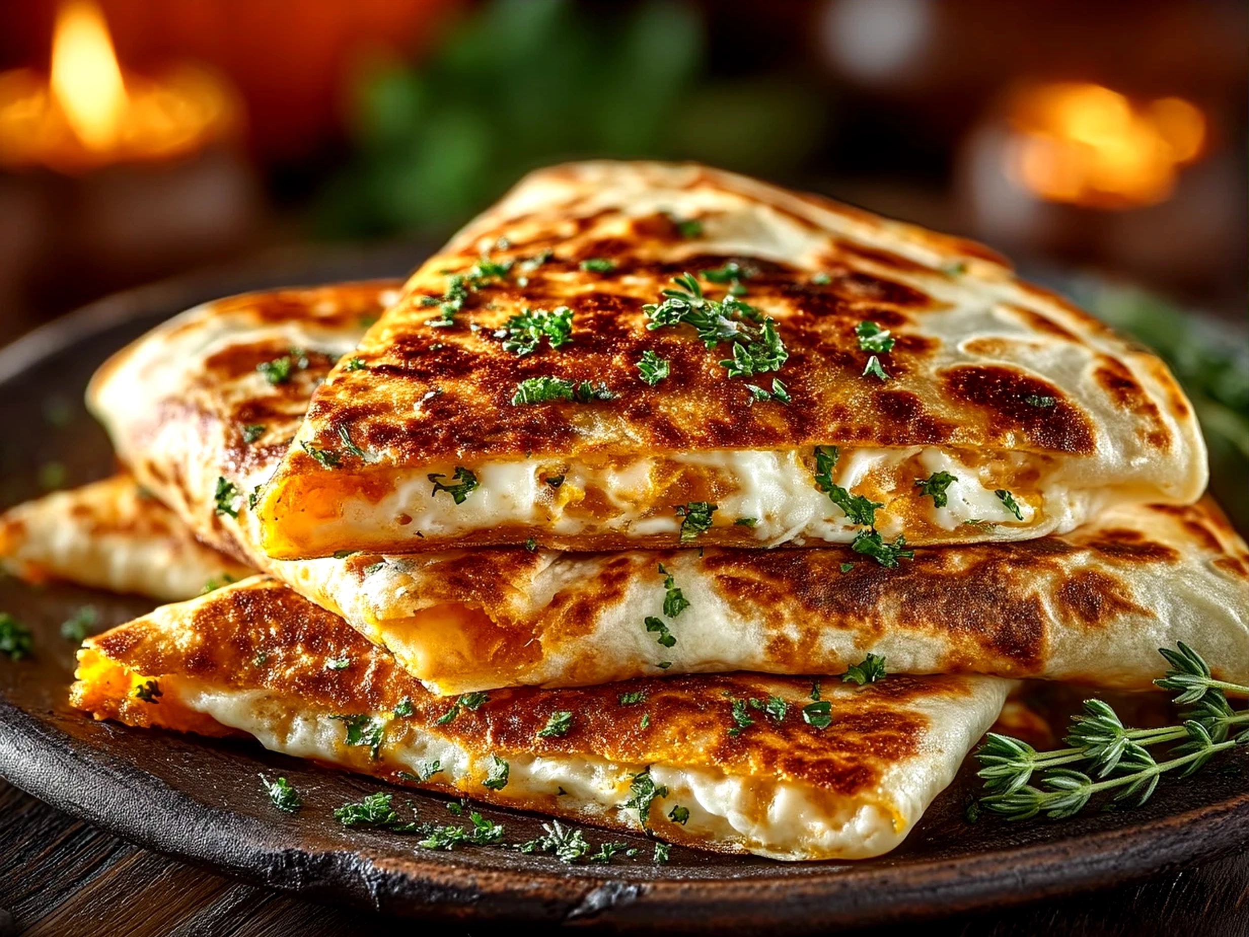 Finished Pumpkin Quesadillas served with sides on a plate
