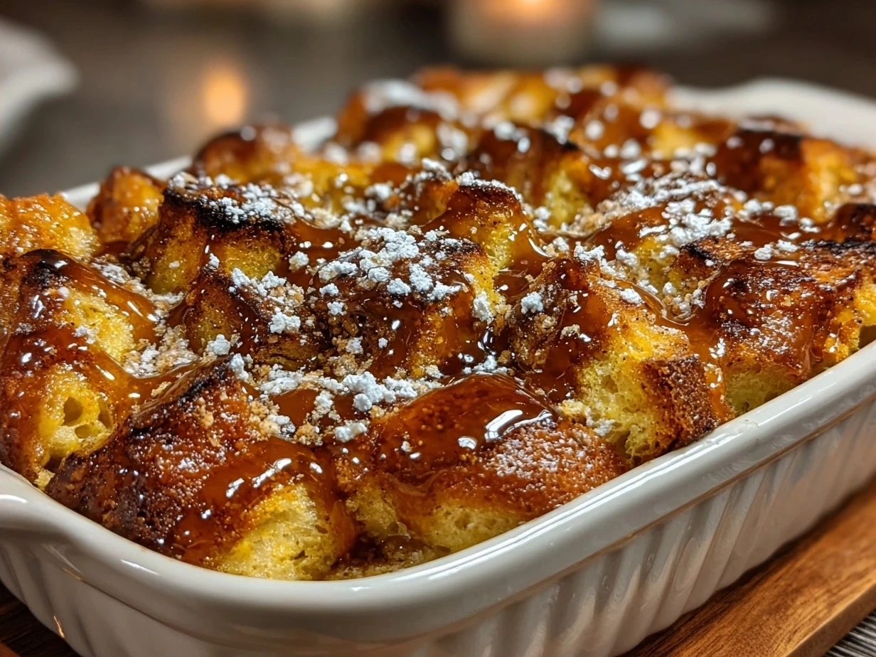 Serving of Pumpkin Spice French Toast Casserole with powdered sugar and maple syrup