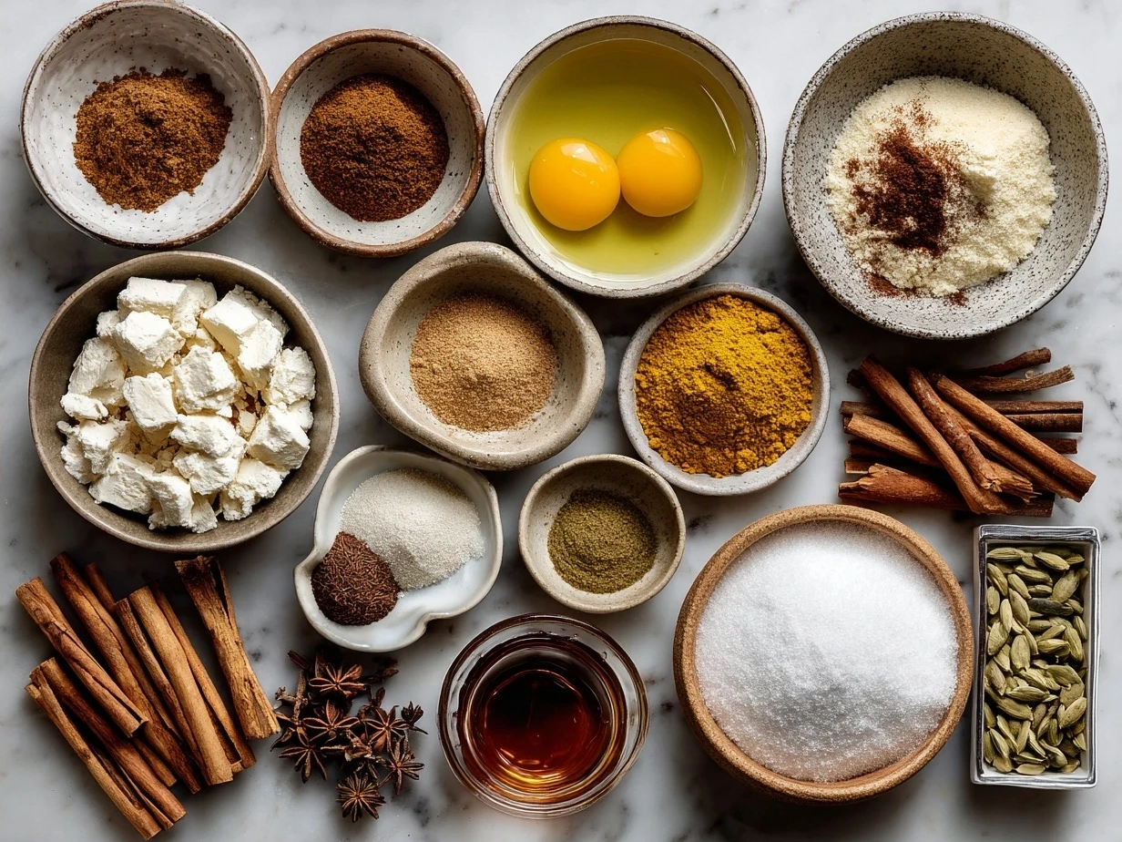 Ingredients for Pumpkin Spice French Toast Casserole including bread cubes, eggs, pumpkin puree, spices, and nuts