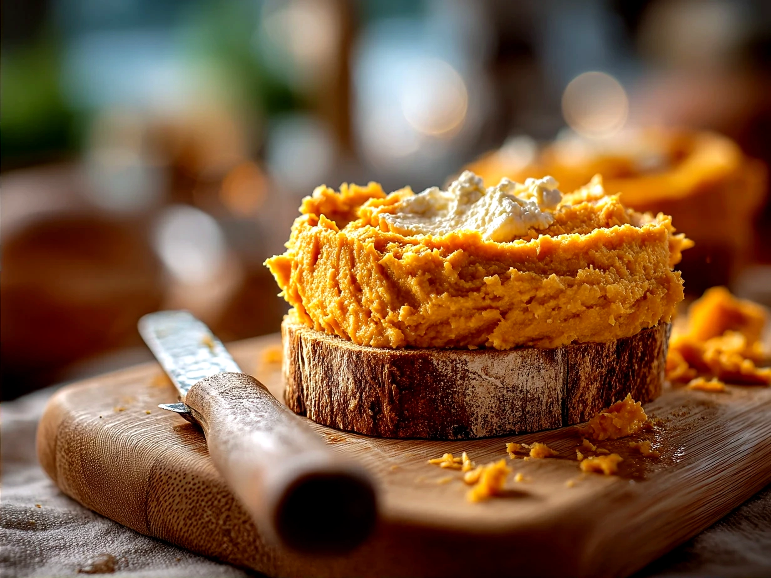 Pumpkin Whipped Feta Dip served with toasted baguette slices and fresh herbs garnish