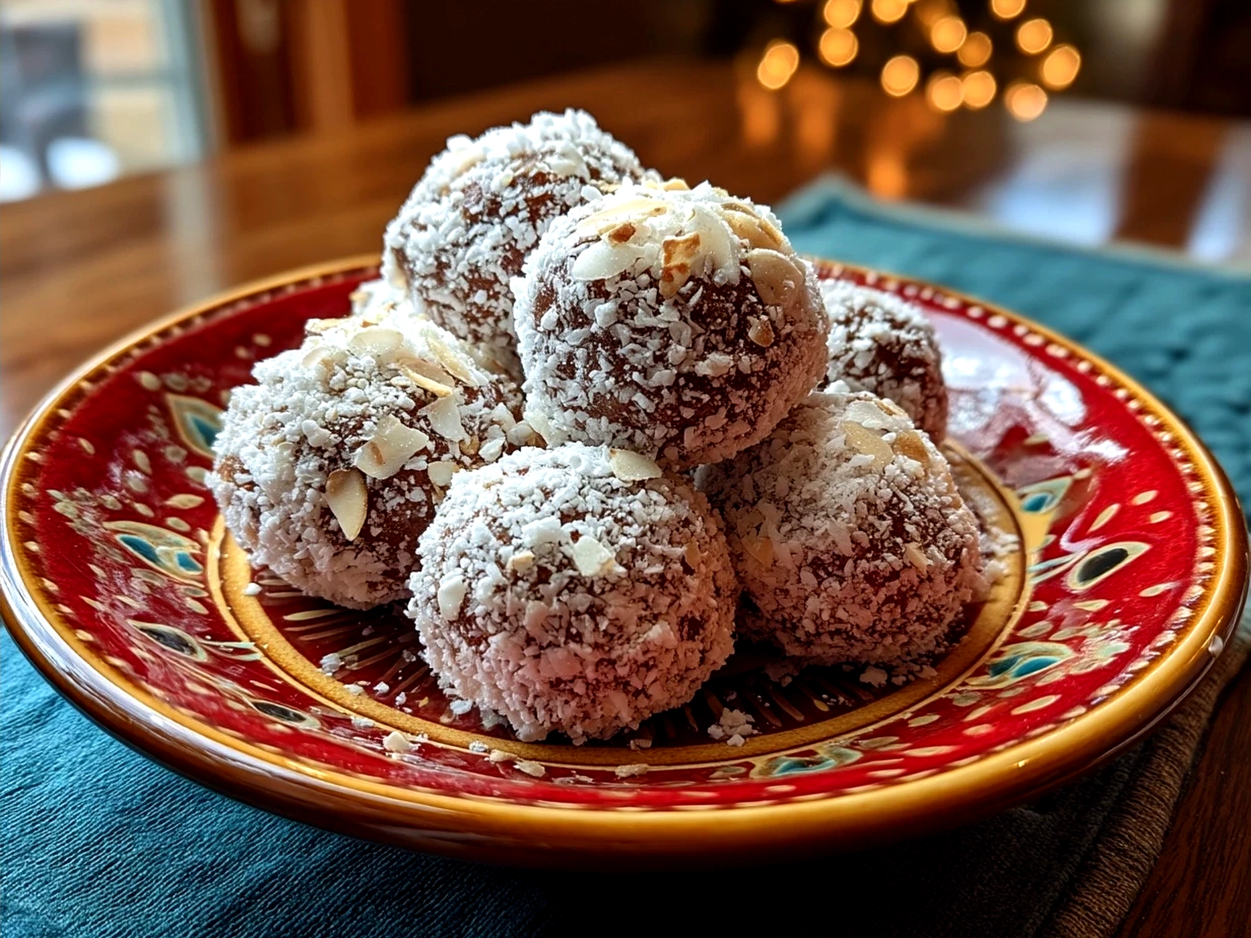 Tray of finished Puppy Chow Balls dusted with powdered sugar ready to serve