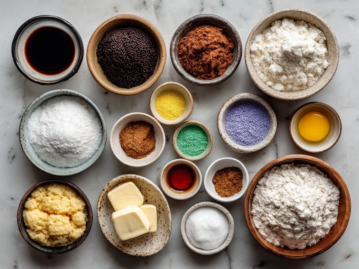 Ingredients for Puppy Chow Balls including rice cereal, peanut butter, chocolate chips, butter, powdered sugar, and vanilla extract