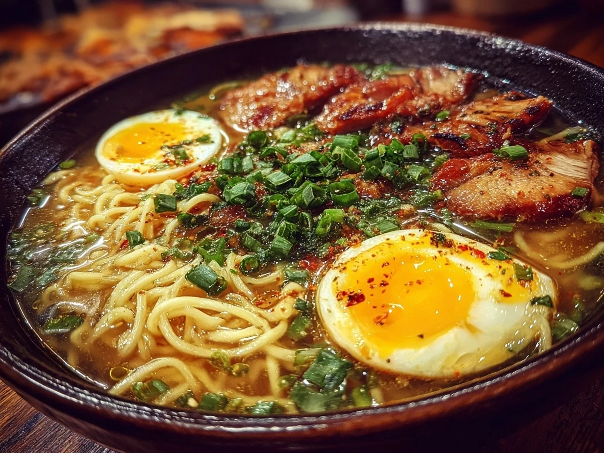 Beautifully served bowl of ramen noodle soup with eggs, greens, pork and mushrooms