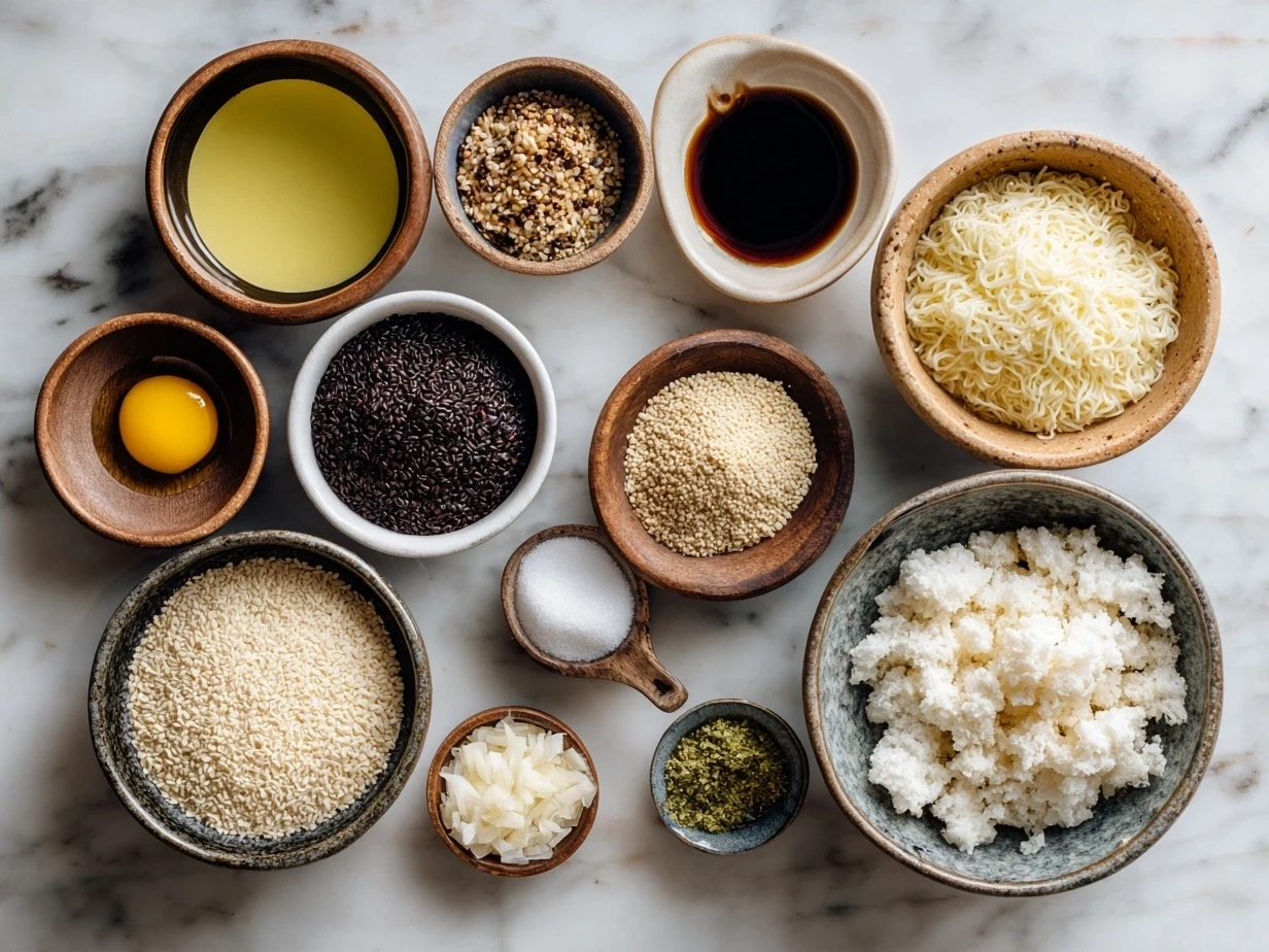 Ingredients for making homemade ramen noodle soup including broth, noodles, vegetables and eggs