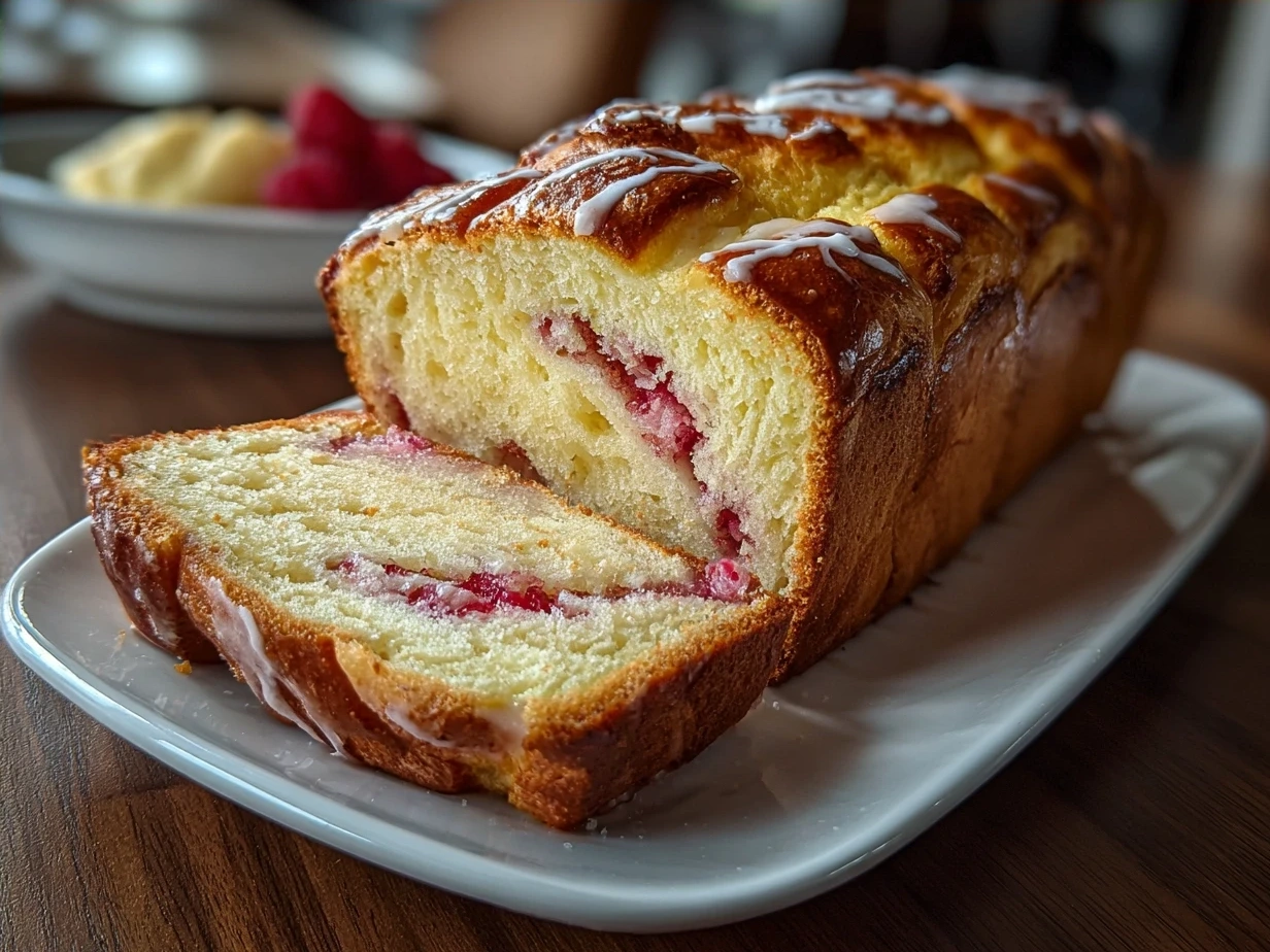 Freshly sliced Raspberry Swirl Brioche Loaf on a serving board