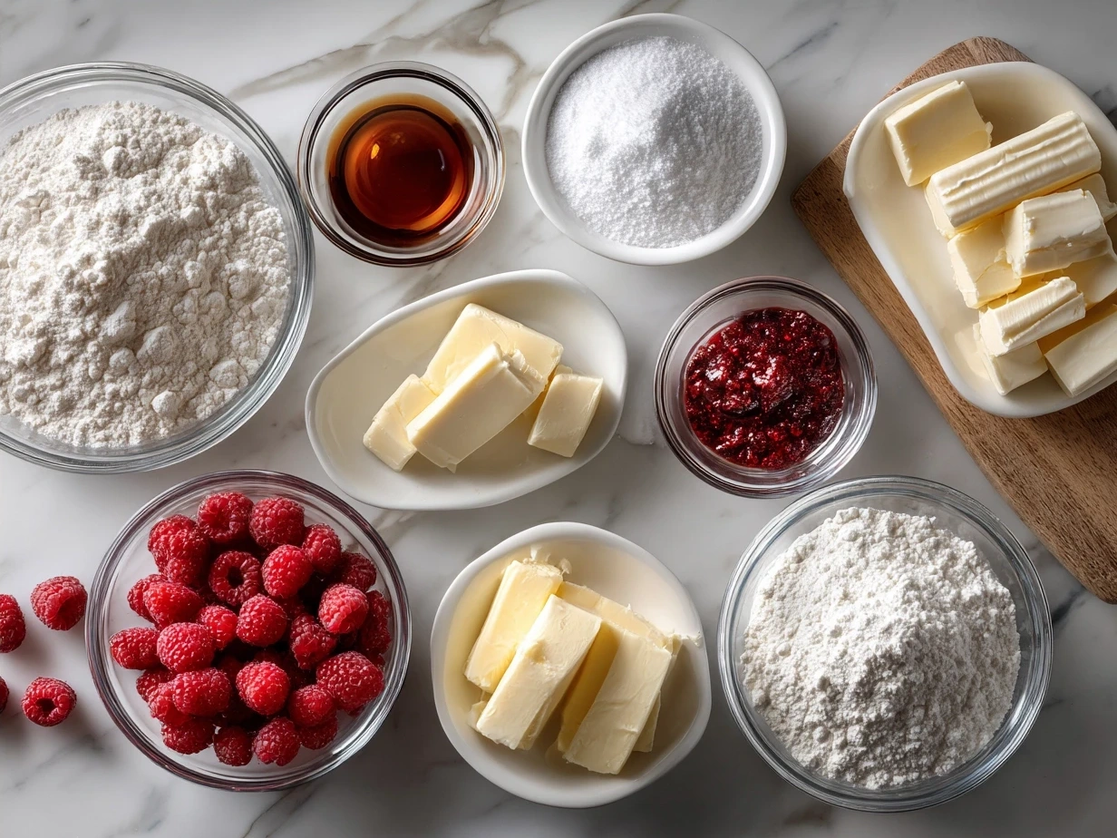 Ingredients for Raspberry Swirl Brioche Loaf displayed on a kitchen counter