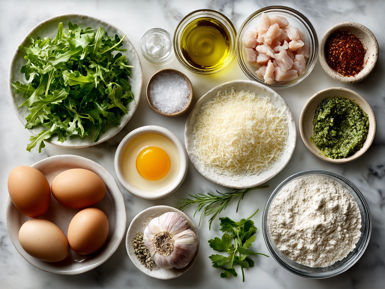 Raw ingredients meticulously laid out for a Chicken Caesar Wrap: chicken breasts, romaine lettuce, Parmesan, tortillas, and dressing components.