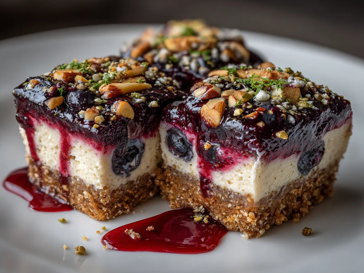 Freshly made Raw Vegan Blueberry Cheesecake Bars topped with fresh blueberries