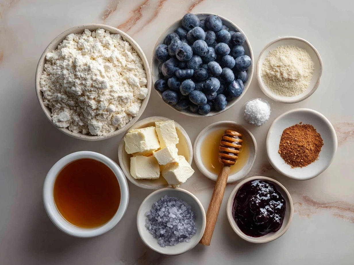 Ingredients for Raw Vegan Blueberry Cheesecake Bars including almonds, dates, cashews, coconut oil, maple syrup, blueberries and lemon juice