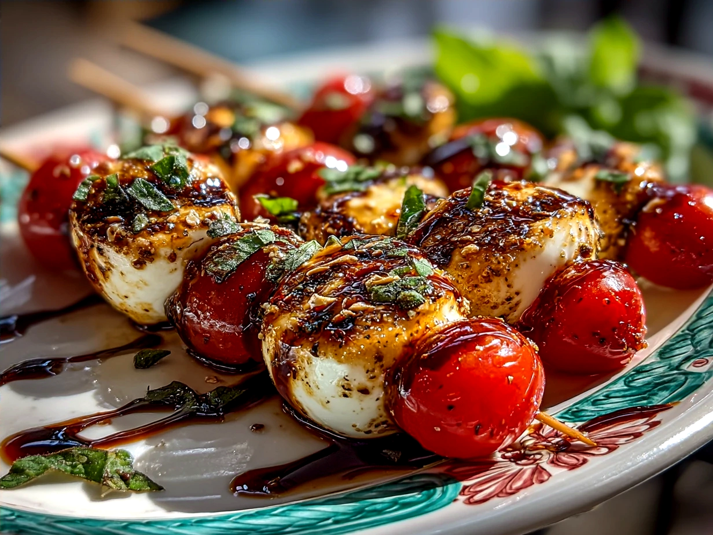 Finished Red and Green Caprese Skewers arranged on a platter ready to serve