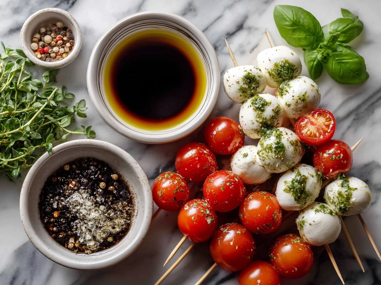 Fresh ingredients for Red and Green Caprese Skewers including cherry tomatoes, mozzarella balls, basil leaves, and pesto