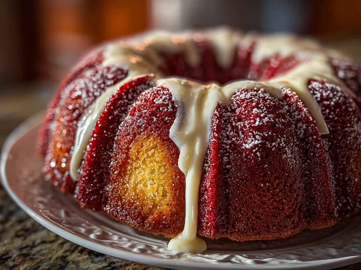 A sliced Red Velvet Cream Cheese Bundt Cake on a white plate