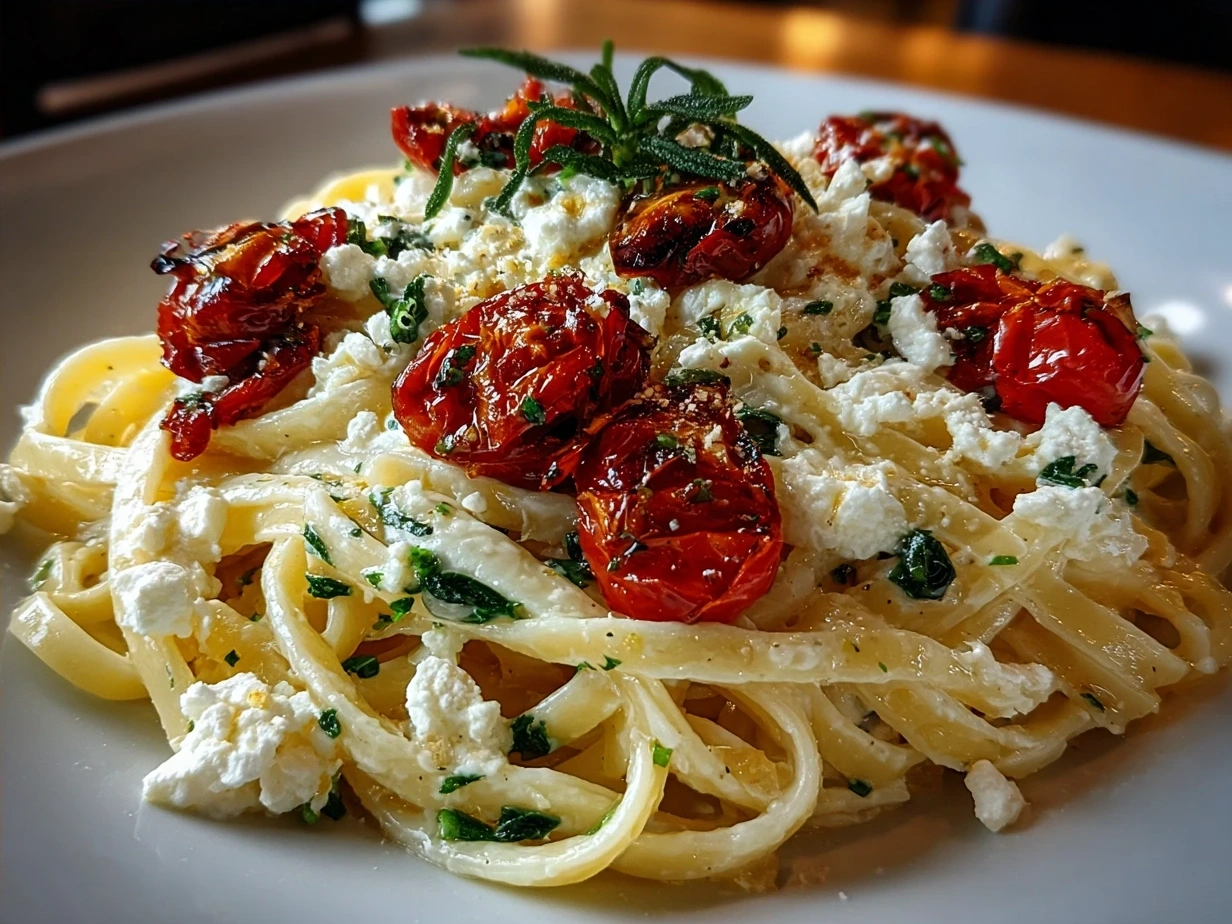 Served Roasted Tomato Ricotta Pasta garnished with fresh basil and grated Parmesan cheese