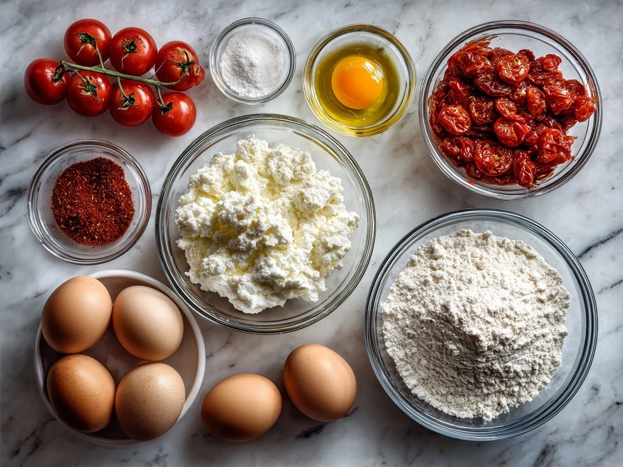 Ingredients for Roasted Tomato Ricotta Pasta laid out showing cherry tomatoes, ricotta cheese, pasta, garlic, olive oil, and basil