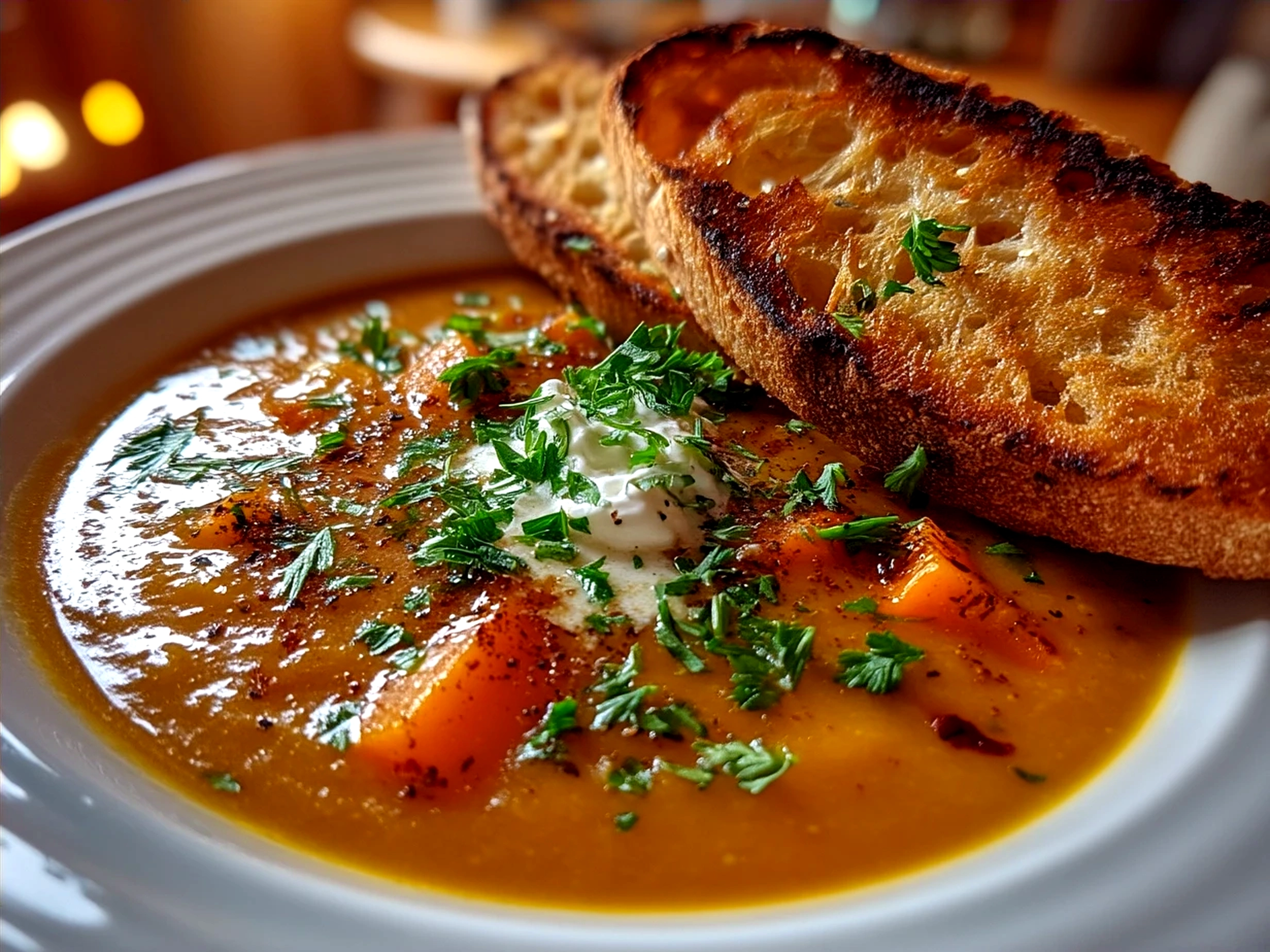A bowl of creamy Roasted Veg Soup garnished with herbs