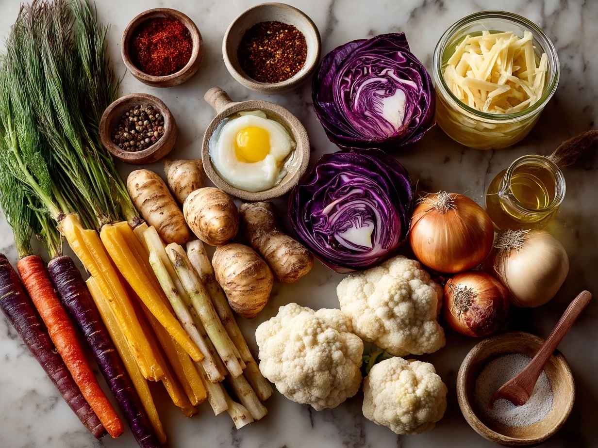 Fresh chopped vegetables and ingredients for Roasted Veg Soup