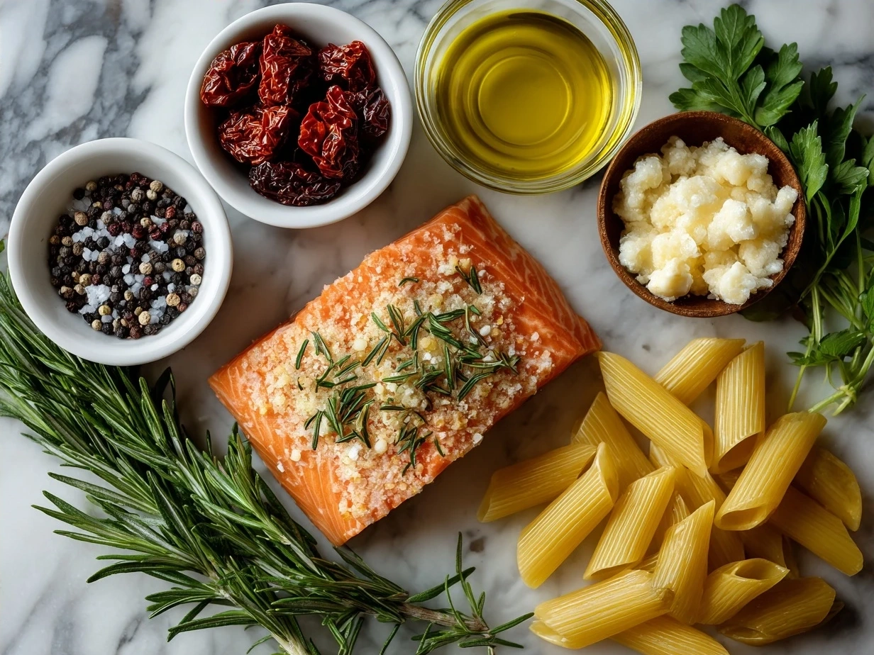 Ingredients for Salmon Pasta Sundried Tomato including pasta, salmon, sundried tomatoes, cream, and herbs