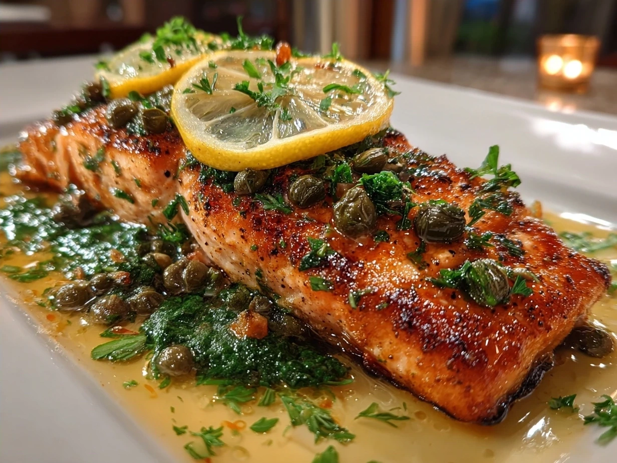 Plated Salmon Piccata served with roasted asparagus and lemon slices