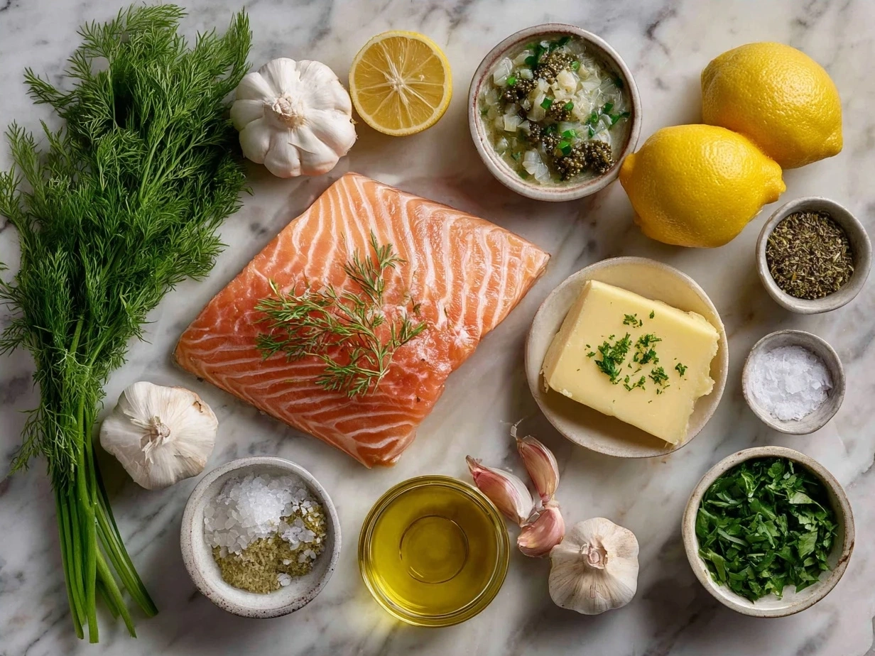 Fresh ingredients for Salmon Piccata including salmon fillets, lemon, parsley, capers, and butter