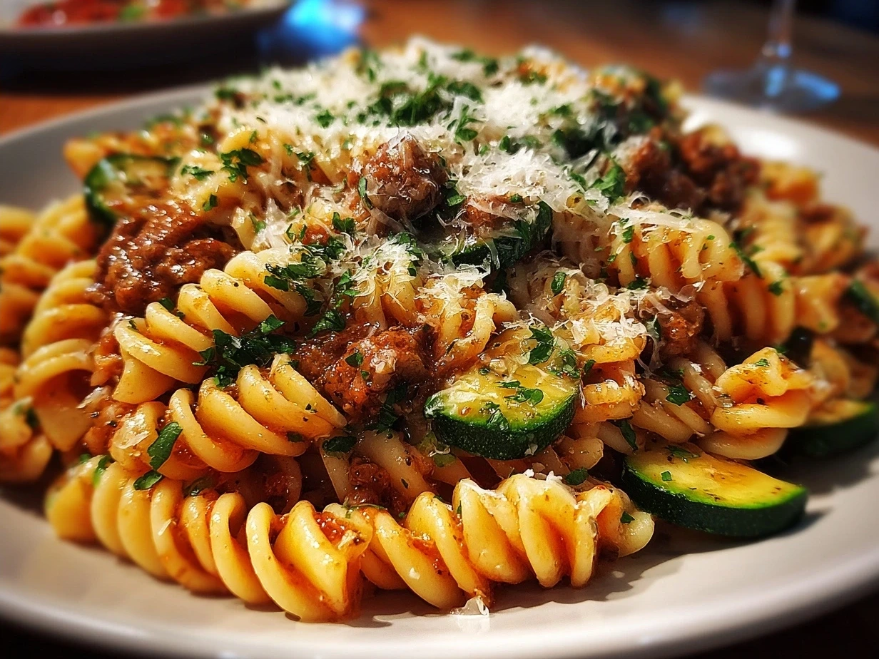 Served Sausage and Courgette Pasta garnished with fresh herbs and Parmesan cheese