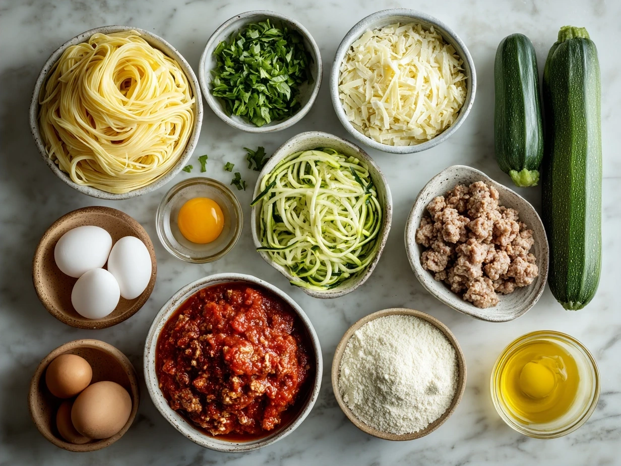 Ingredients for Sausage and Courgette Pasta including Italian sausage, courgettes, penne pasta, garlic, onion, canned tomatoes, Parmesan cheese, and fresh herbs