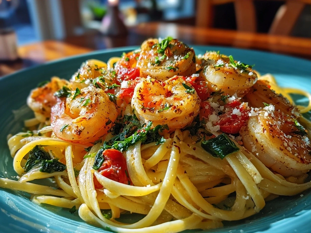 Final plated shrimp linguine recipe garnished with parsley and Parmesan cheese