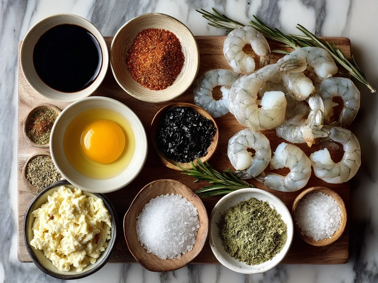 Ingredients for shrimp linguine recipe including linguine pasta, shrimp, butter, garlic, lemon, parsley, and Parmesan cheese