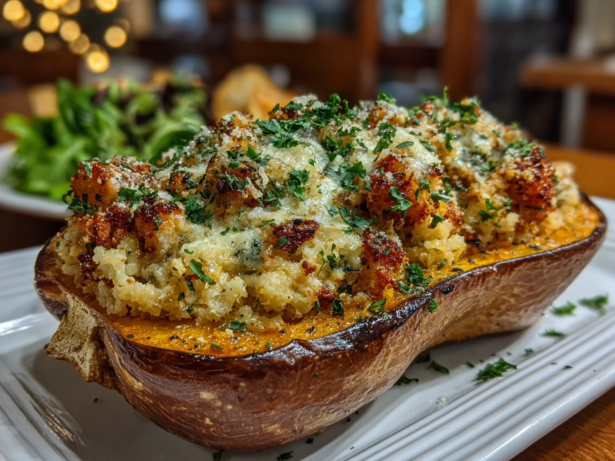 Golden baked Simanim Stuffed Butternut Squash served on a platter garnished with fresh herbs