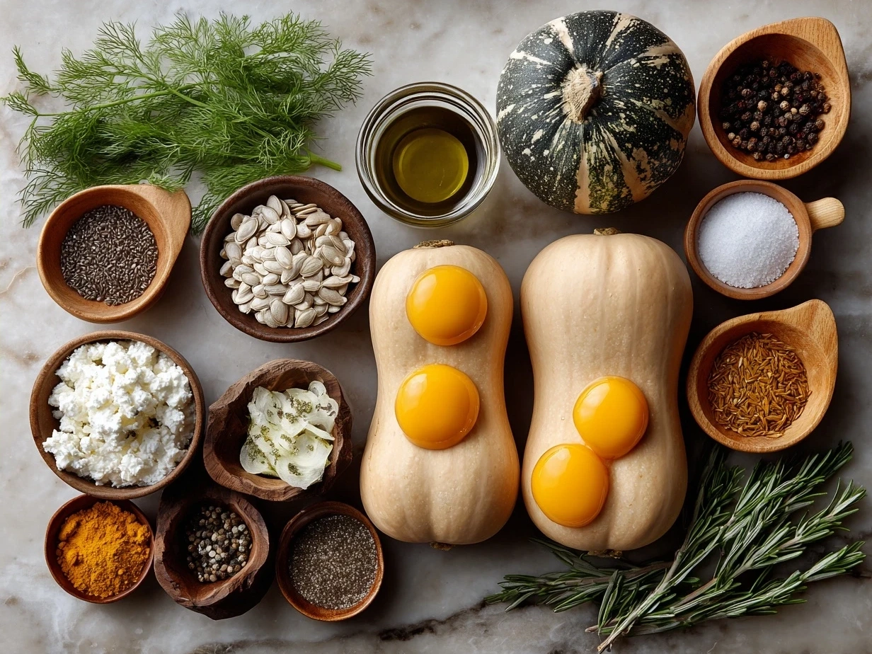 Ingredients for Simanim Stuffed Butternut Squash including butternut squash halves, apple, walnuts, honey, and spices