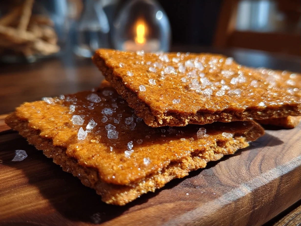 Slight angle close-up of finished homemade graham crackers stacked on a plate
